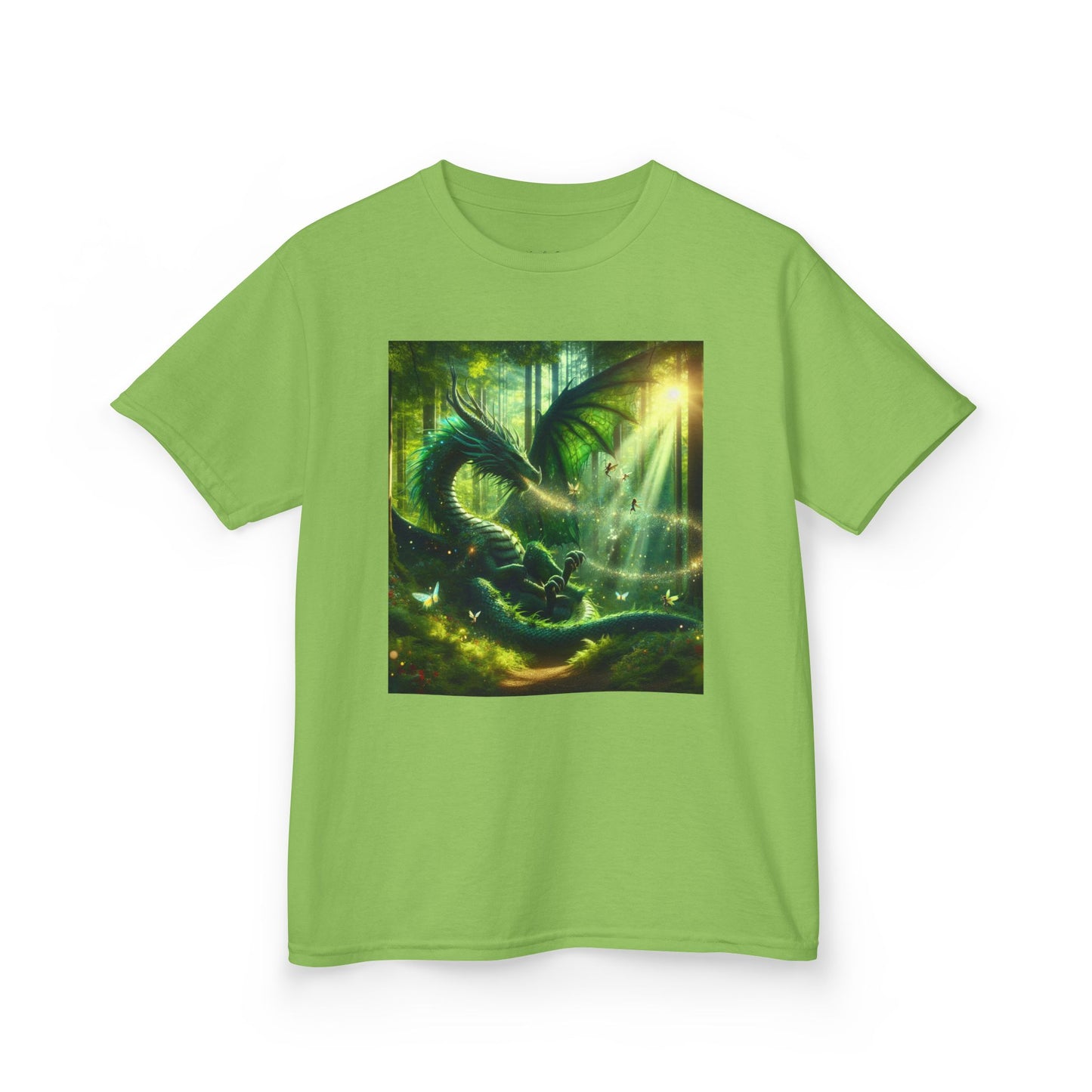 Kids T-Shirt Green Forest Dragon Sunlight and Fairy Lights Design
