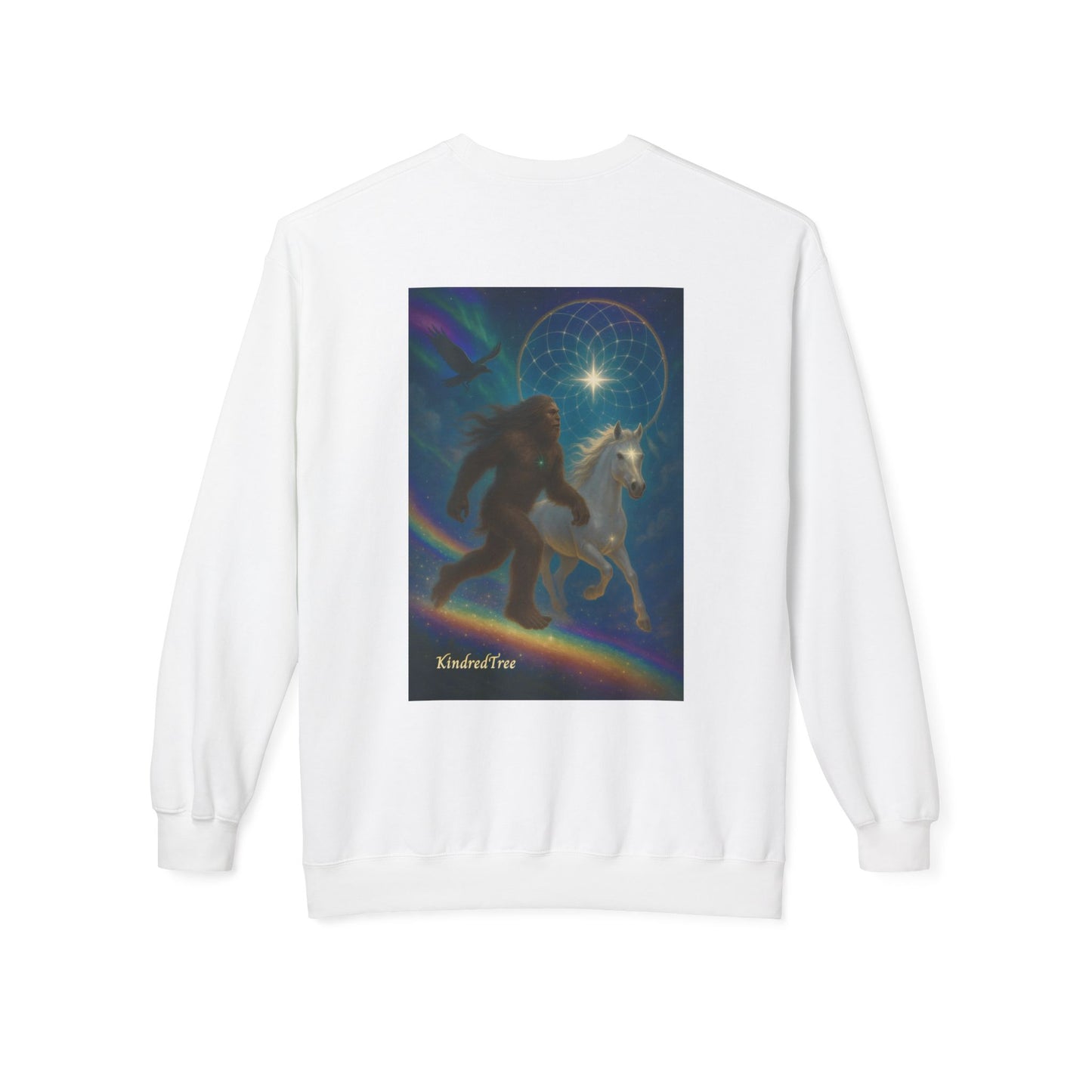 Sasquatch & White Horse with Raven  Crewneck Sweatshirt — Mystical 'Guidelines of the Heart' Graphic