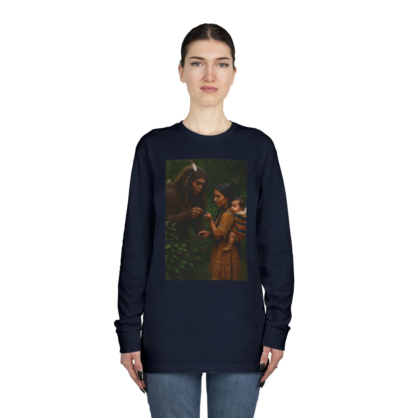 Long Sleeve Tee - Female Sasquatch and Native Women picking Blackberries