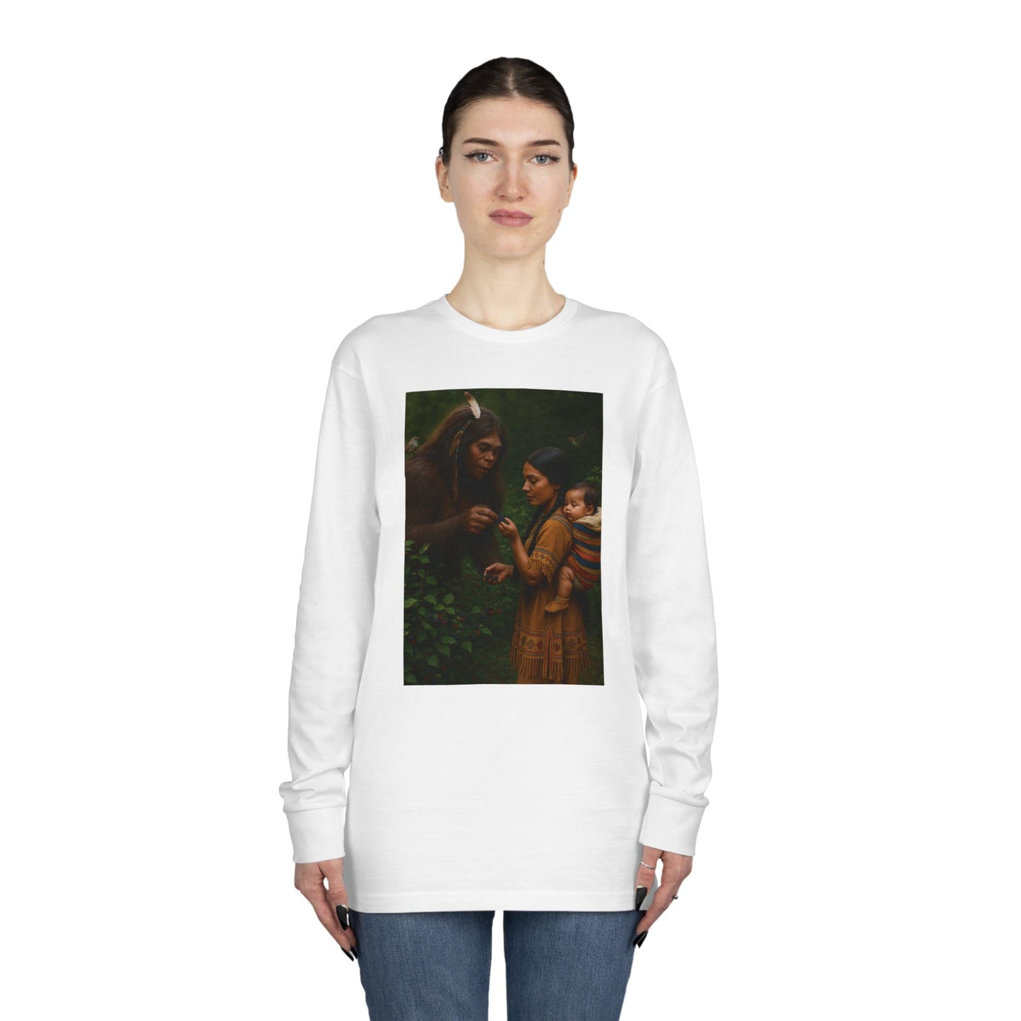 Long Sleeve Tee - Female Sasquatch and Native Women picking Blackberries
