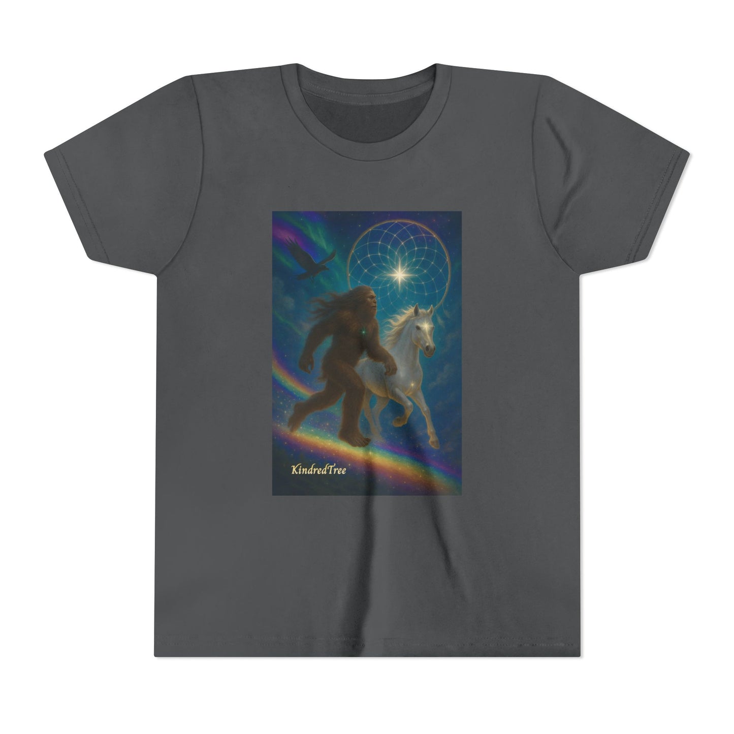 Sasquatch and White Horse  Youth Tee | Mystical Rainbow Night, Non- Mythic Guardian Shirt
