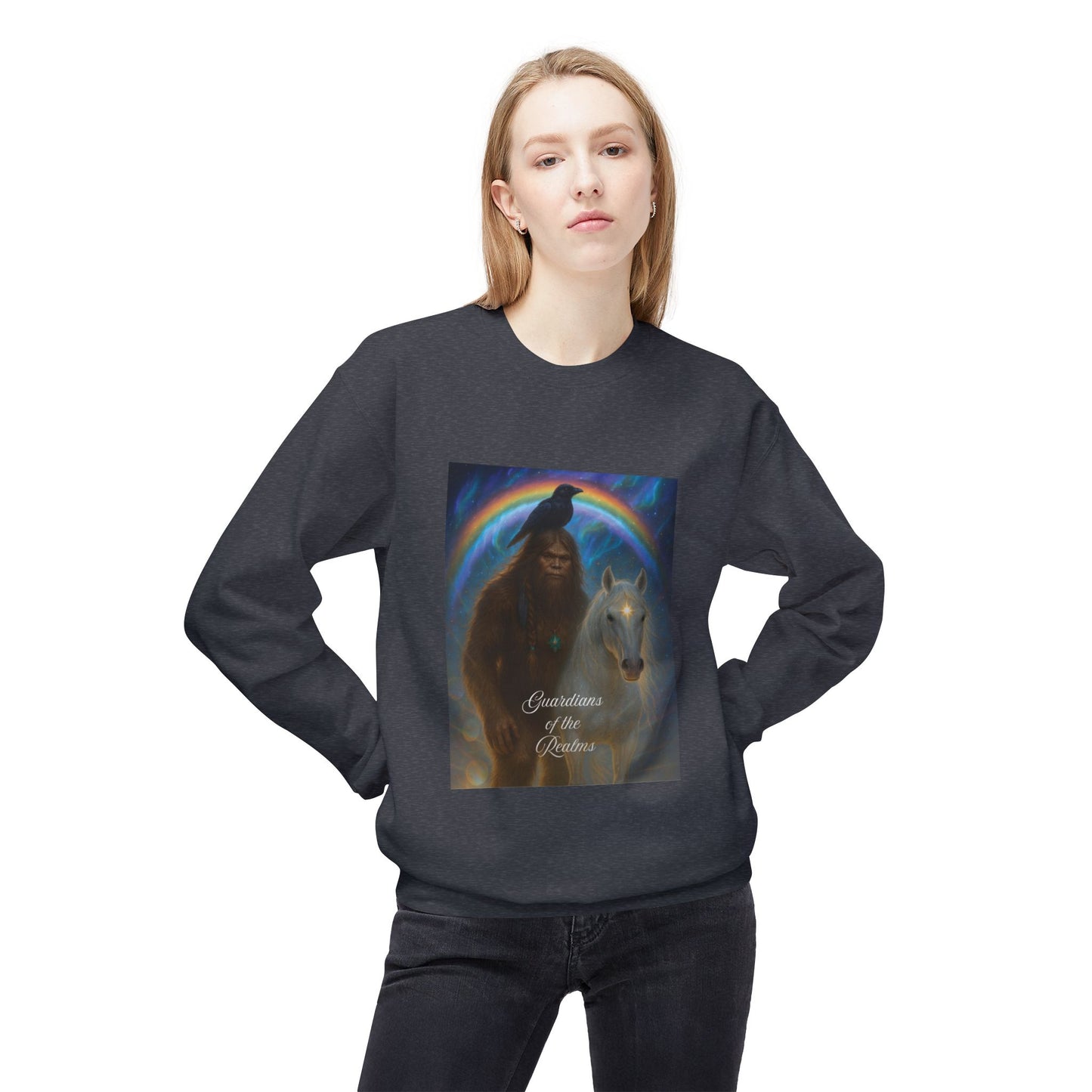 Sasquatch Guardian & White Horse Crewneck — Mystical Aurora Protector Sweatshirt