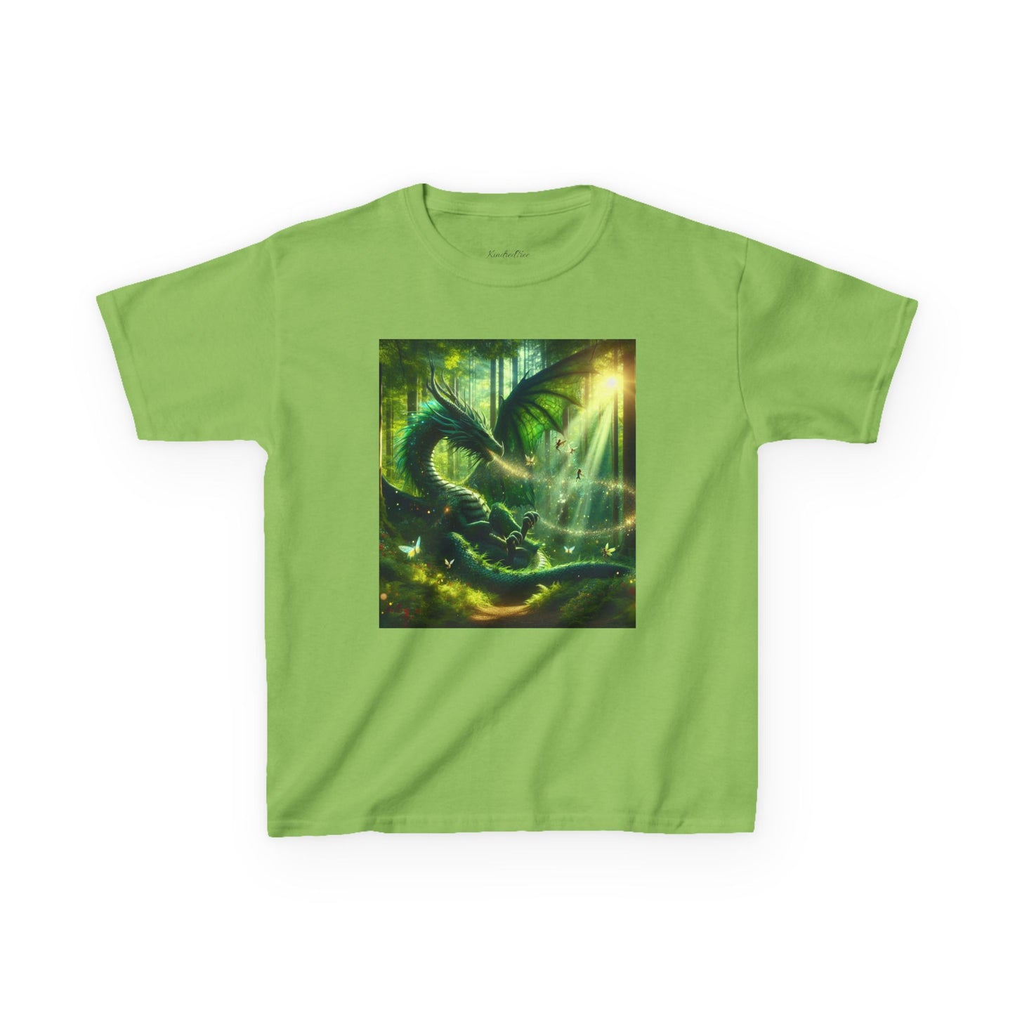 Kids T-Shirt Green Forest Dragon Sunlight and Fairy Lights Design