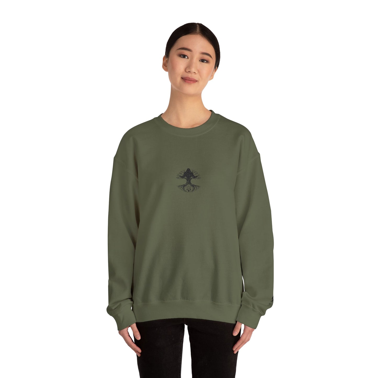 Mystical Tree Crewneck Sweatshirt — Small Center Graphic, Minimalist Nature Design