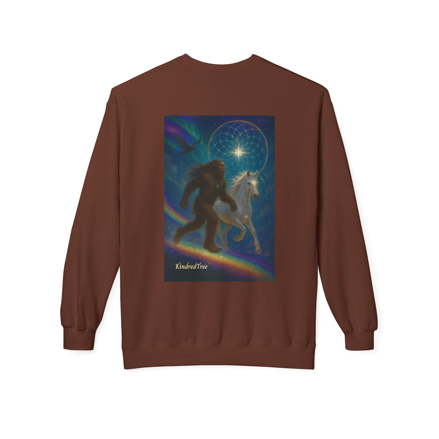Sasquatch & White Horse with Raven  Crewneck Sweatshirt — Mystical 'Guidelines of the Heart' Graphic