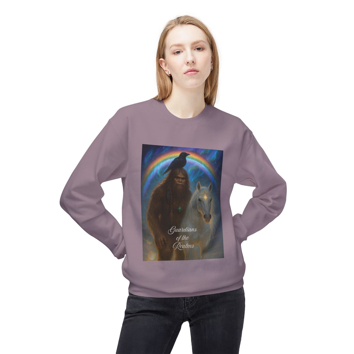 Sasquatch & White Horse with Raven  Crewneck Sweatshirt — Mystical 'Guidelines of the Heart' Graphic