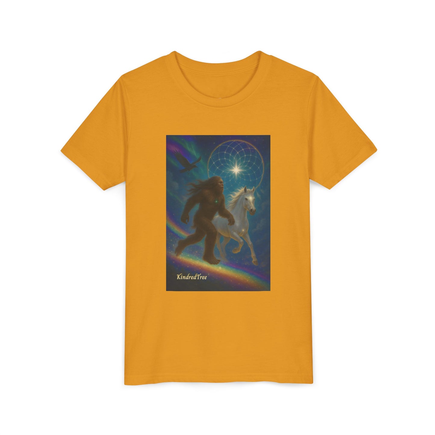 Sasquatch and White Horse  Youth Tee | Mystical Rainbow Night, Non- Mythic Guardian Shirt