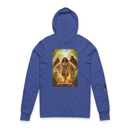 Sasquatch Guardian Hooded Long Sleeve Tee — "Guardian Walks By My Side" Spiritual Graphic Shirt