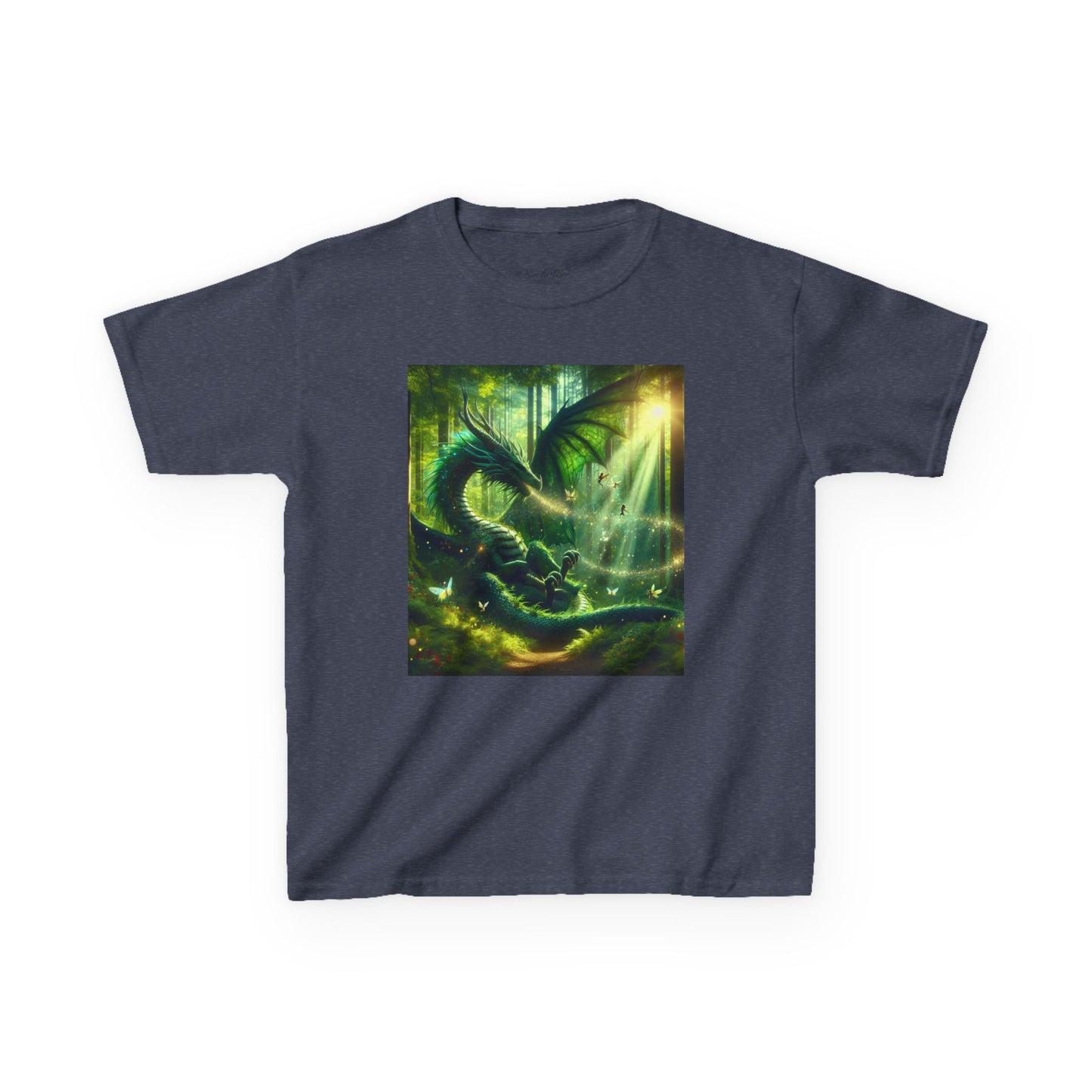 Kids T-Shirt Green Forest Dragon Sunlight and Fairy Lights Design