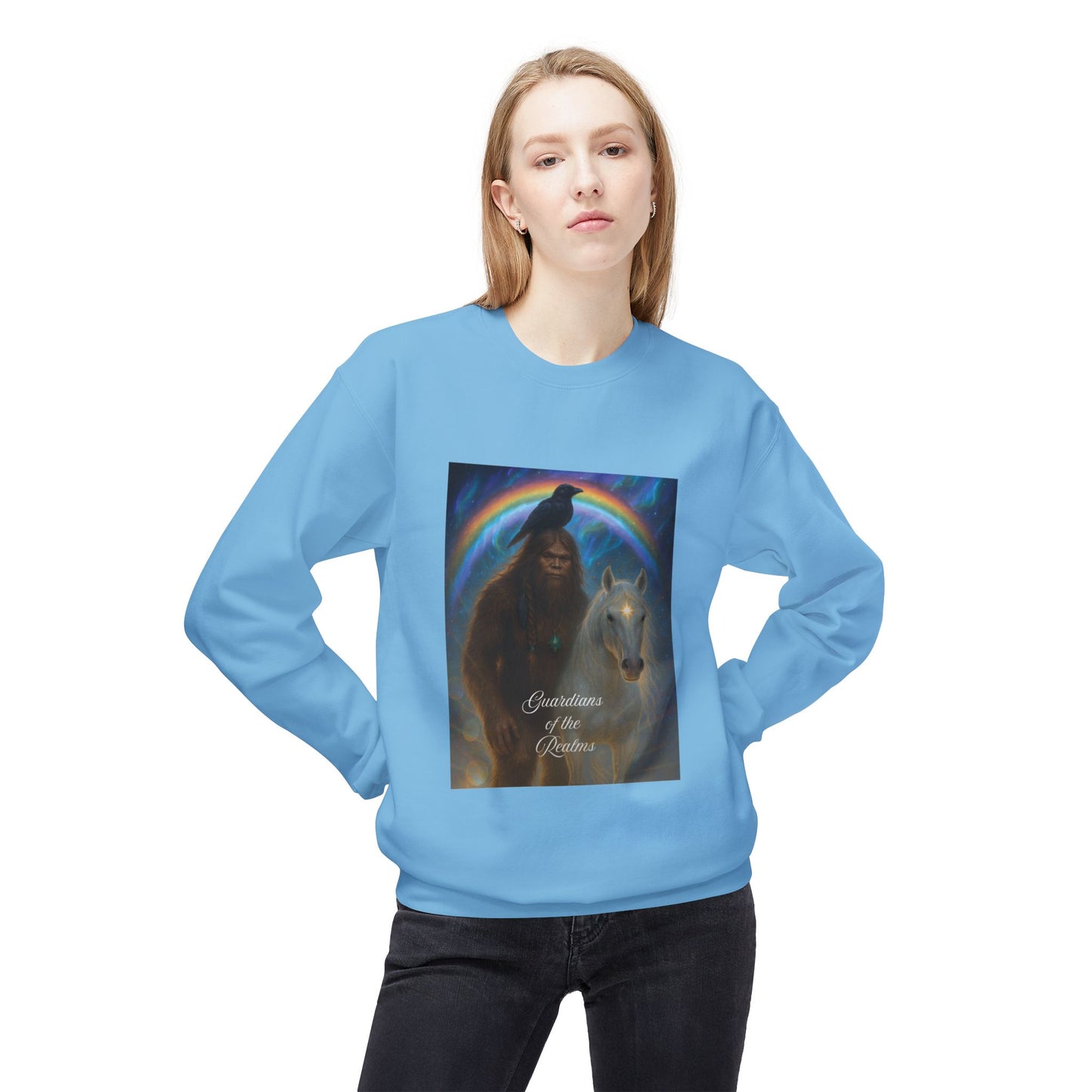 Sasquatch Guardian & White Horse Crewneck — Mystical Aurora Protector Sweatshirt