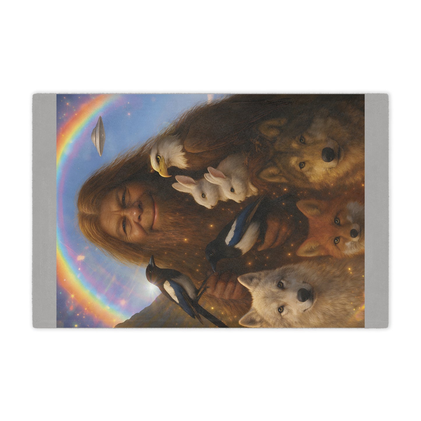 Minky Blanket — Whimsical Forest Guardian Print with Wolves, Fox, Rabbits & Rainbow UFO