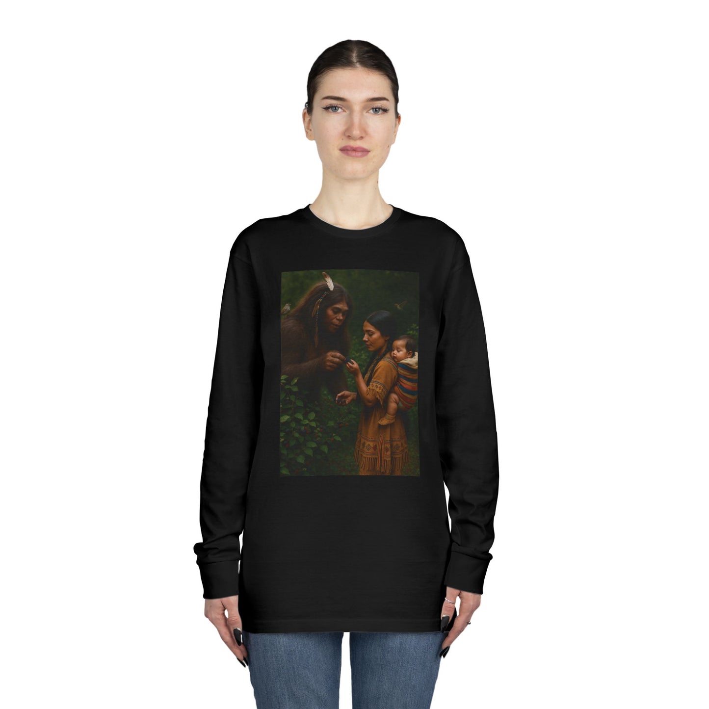 Long Sleeve Tee - Female Sasquatch and Native Women picking Blackberries