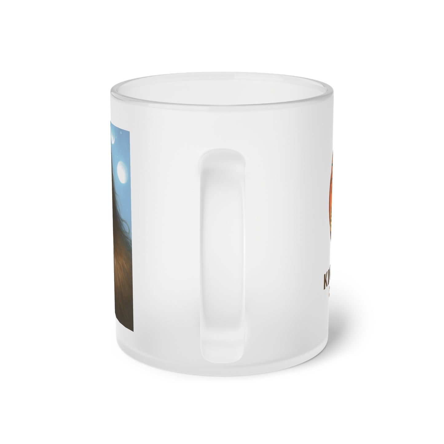 Frosted Glass Mug — Retro Sasquatch with Peace Pipe & KindredTree Emblem Design