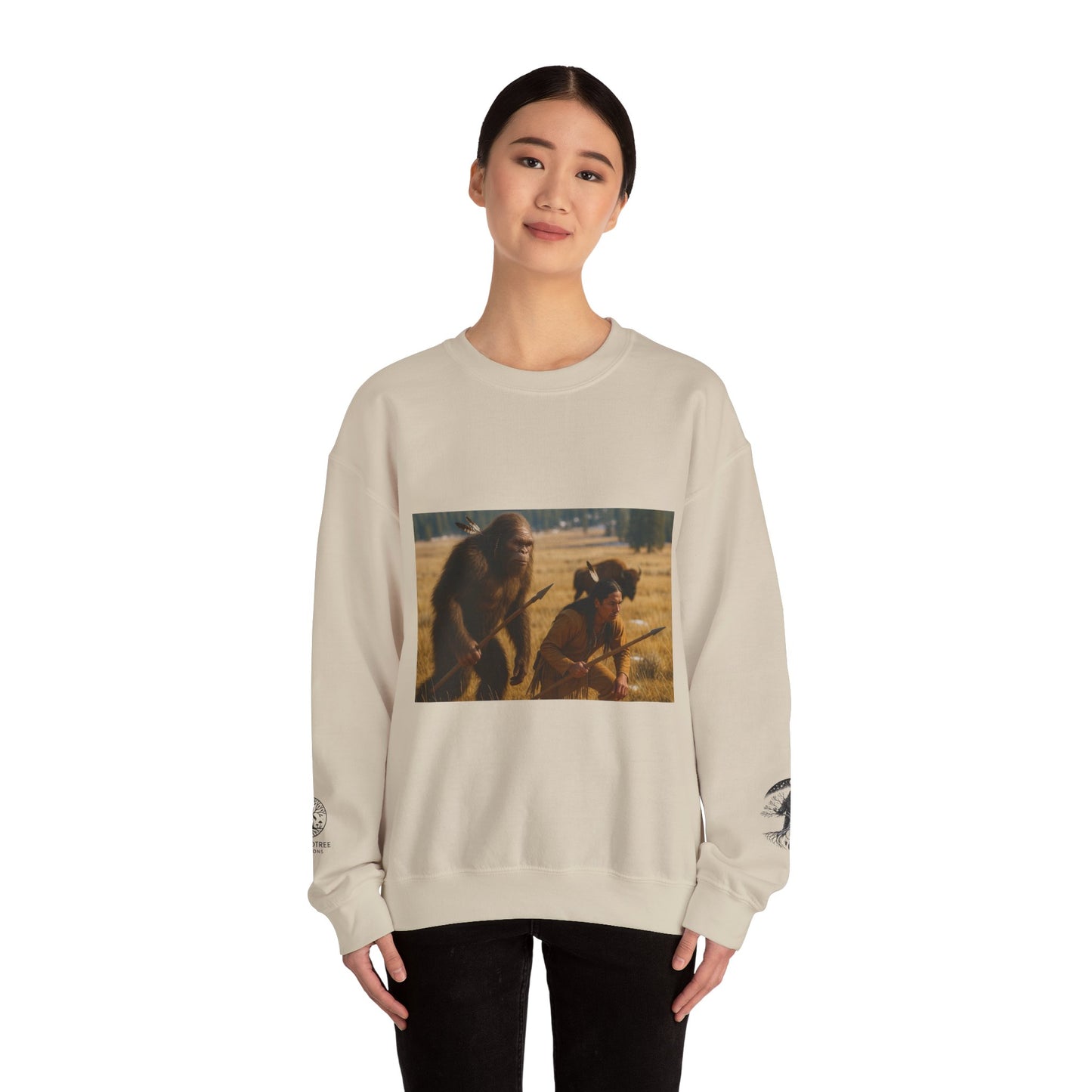 Sasquatch & Native Spear Hunting Bison Sweatshirt