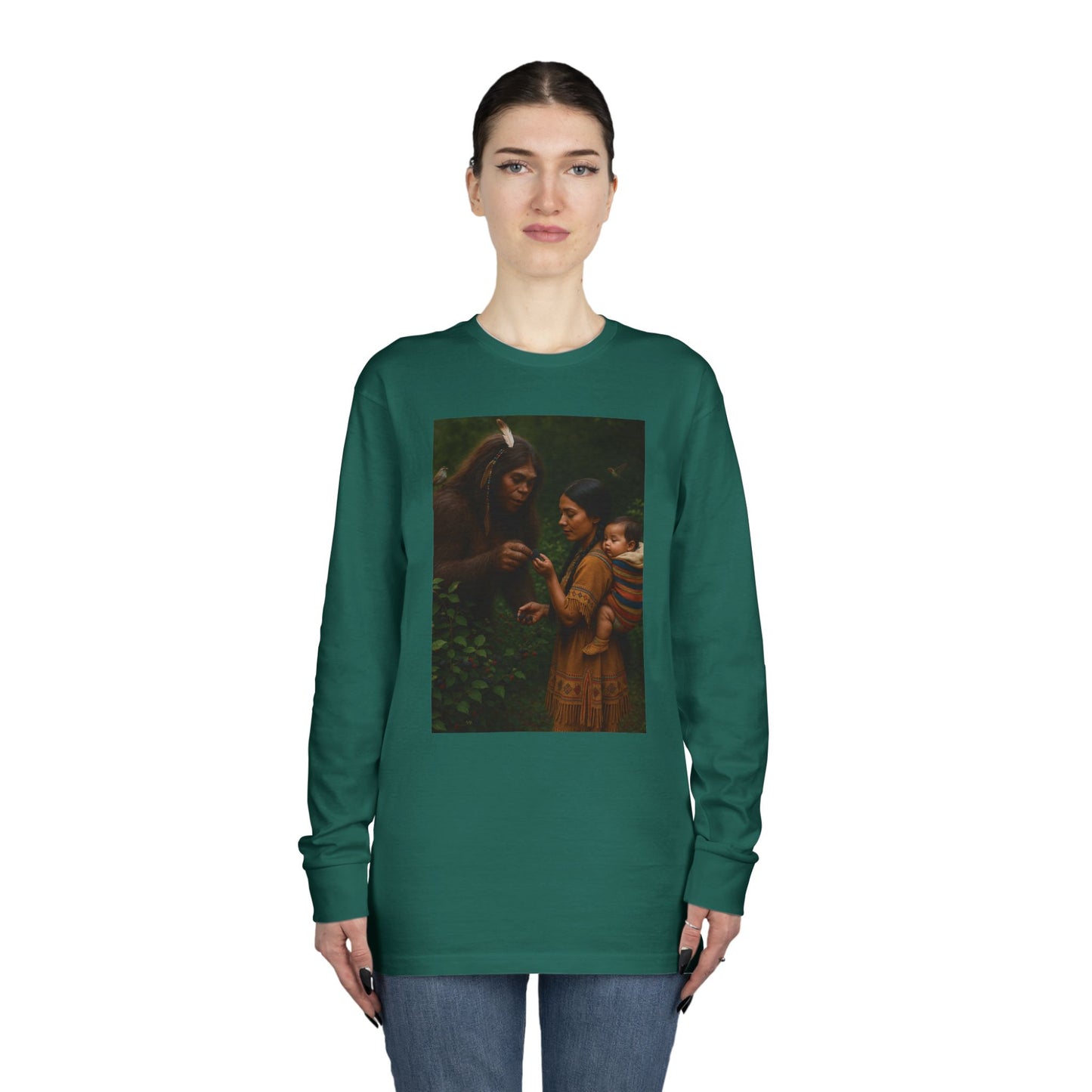 Long Sleeve Tee - Female Sasquatch and Native Women picking Blackberries
