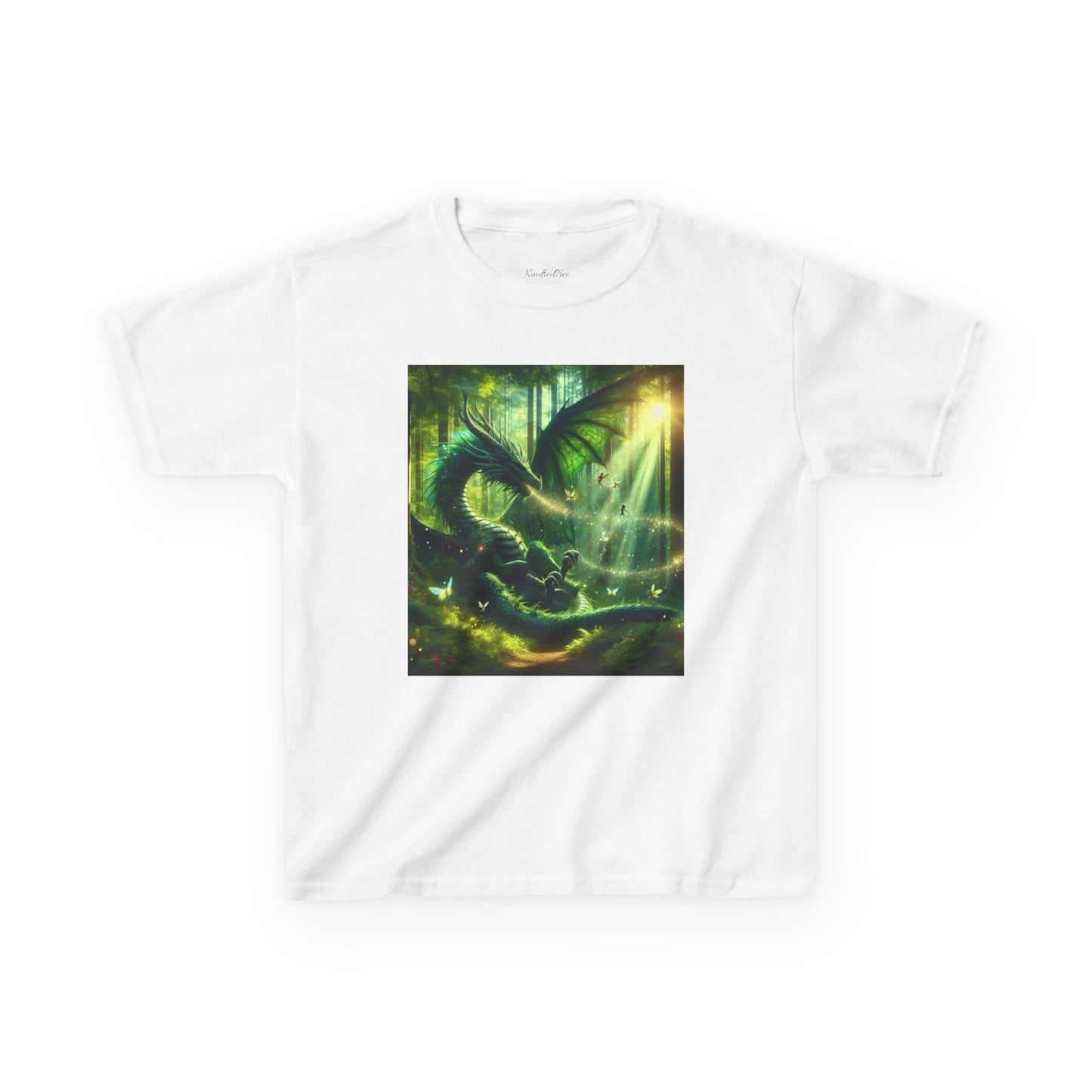 Kids T-Shirt Green Forest Dragon Sunlight and Fairy Lights Design