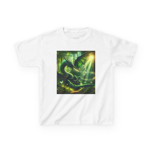 Kids T-Shirt Green Forest Dragon Sunlight and Fairy Lights Design