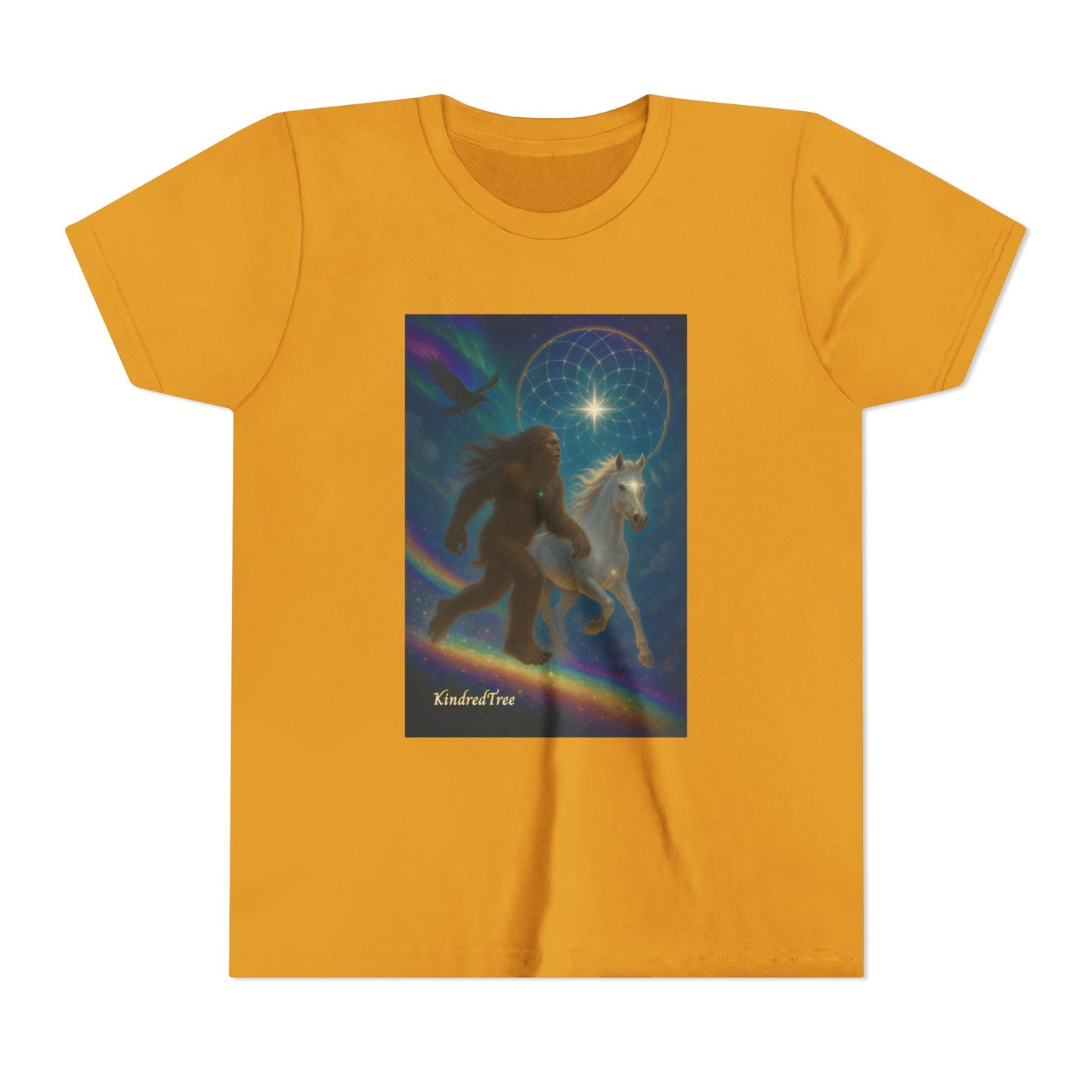 Sasquatch and White Horse  Youth Tee | Mystical Rainbow Night, Non- Mythic Guardian Shirt