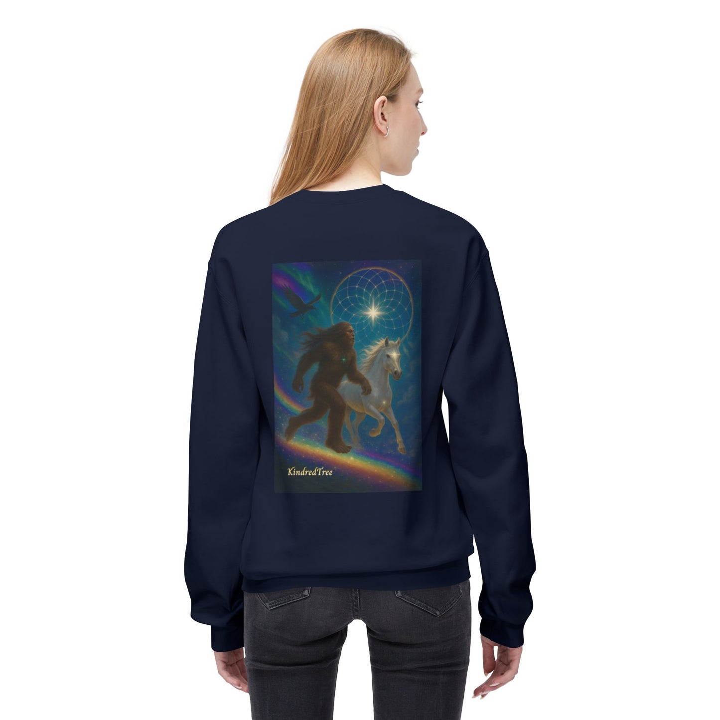 Sasquatch & White Horse with Raven  Crewneck Sweatshirt — Mystical 'Guidelines of the Heart' Graphic