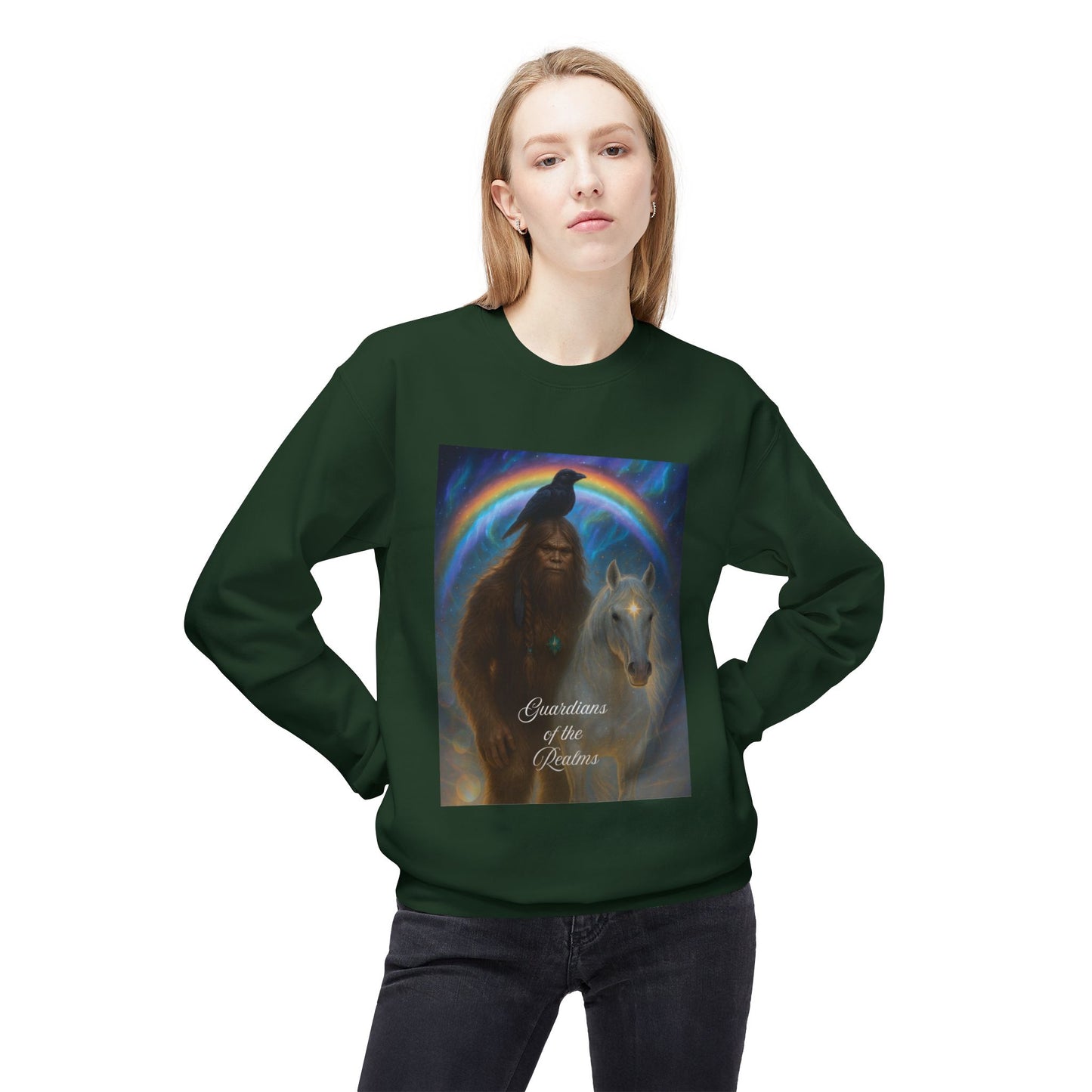 Sasquatch & White Horse with Raven  Crewneck Sweatshirt — Mystical 'Guidelines of the Heart' Graphic