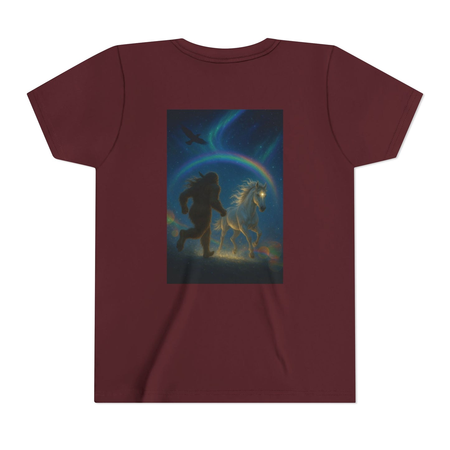 Sasquatch and White Horse  Youth Tee | Mystical Rainbow Night, Non- Mythic Guardian Shirt