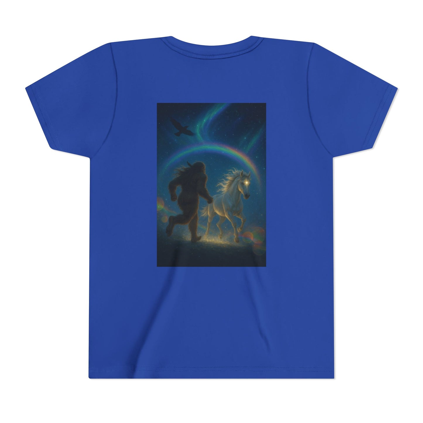 Sasquatch and White Horse  Youth Tee | Mystical Rainbow Night, Non- Mythic Guardian Shirt