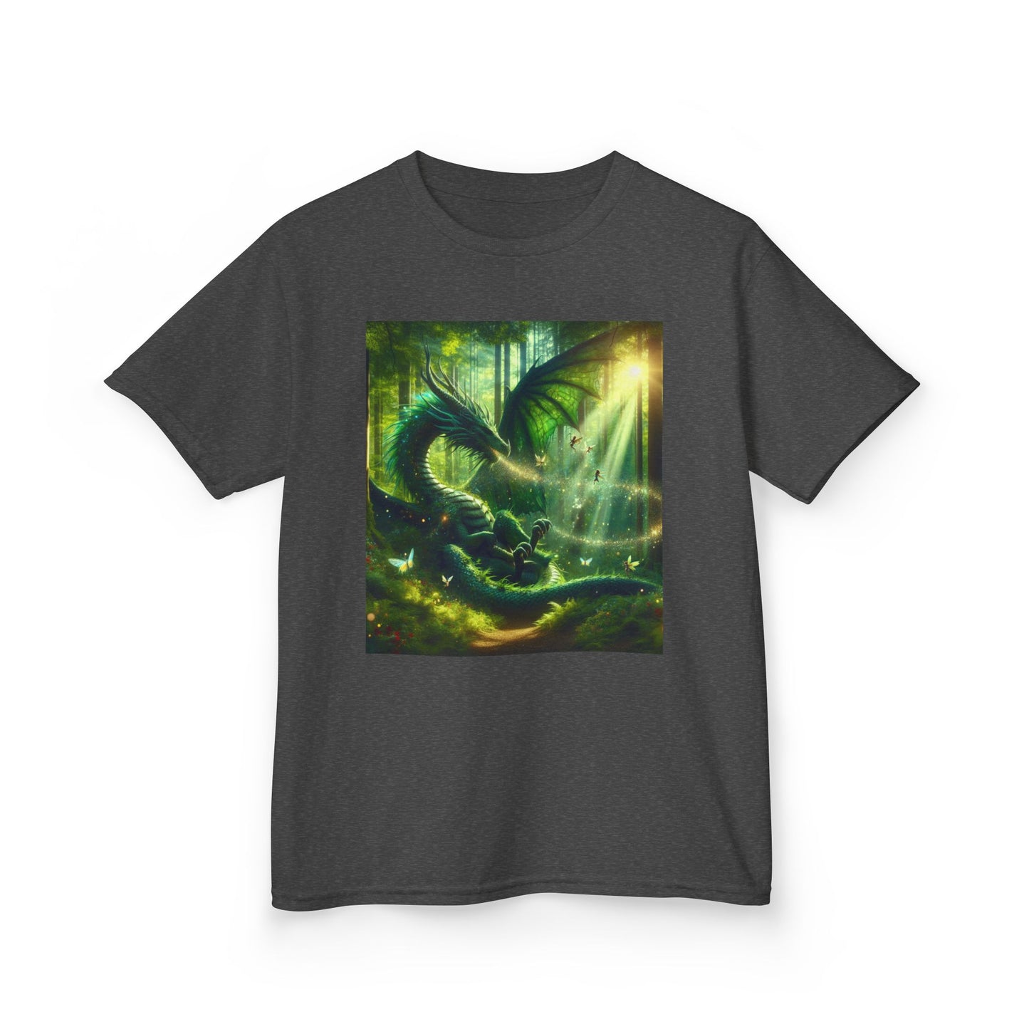 Kids T-Shirt Green Forest Dragon Sunlight and Fairy Lights Design
