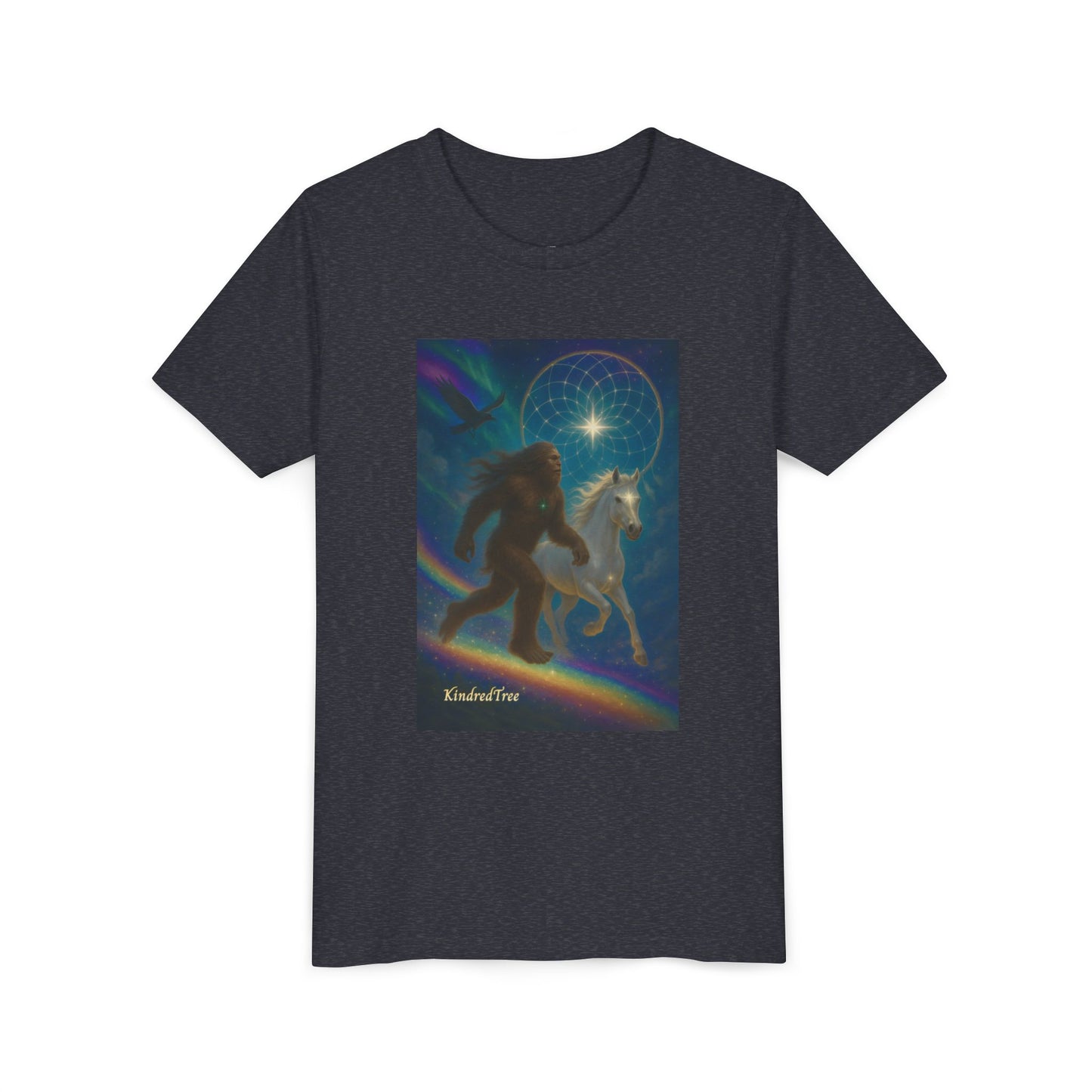 Sasquatch and White Horse  Youth Tee | Mystical Rainbow Night, Non- Mythic Guardian Shirt