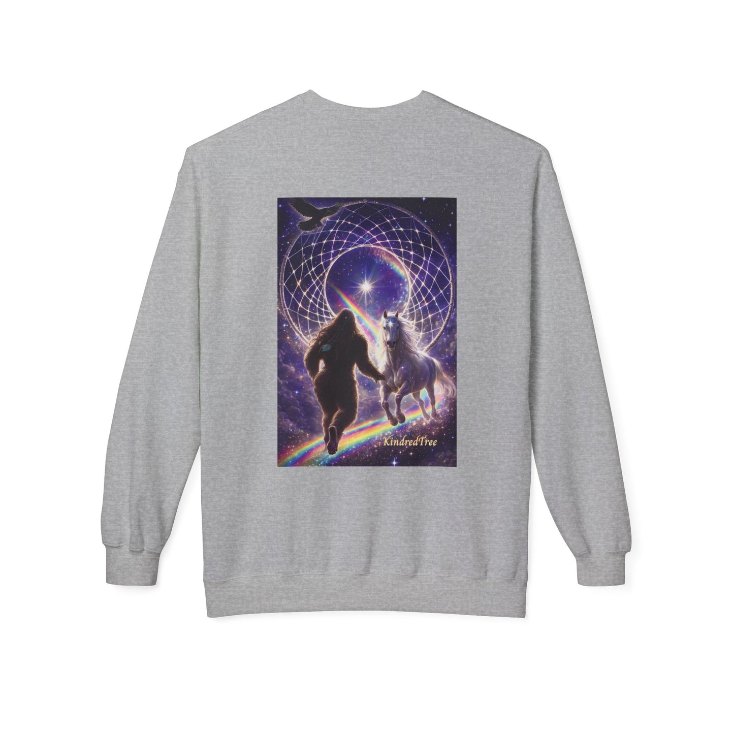 Sasquatch Guardian & White Horse Crewneck — Mystical Aurora Protector Sweatshirt