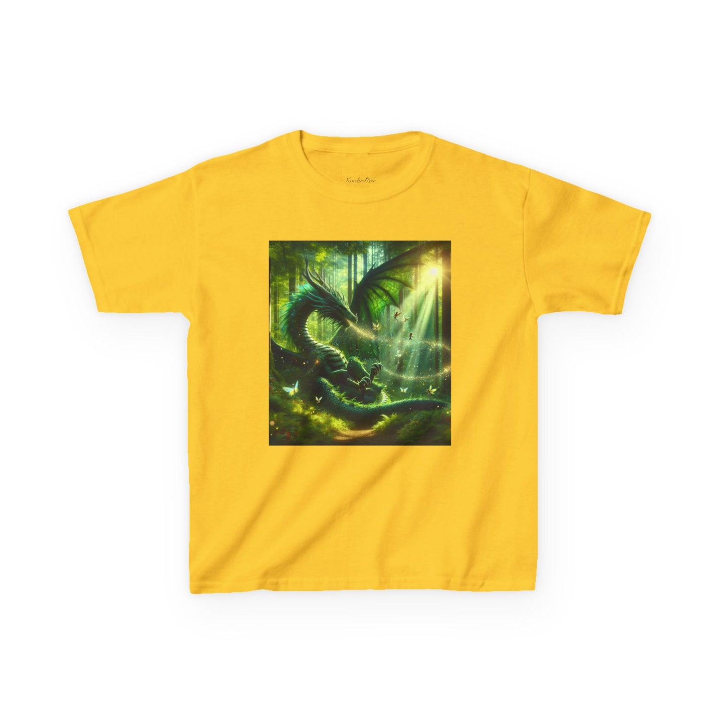 Kids T-Shirt Green Forest Dragon Sunlight and Fairy Lights Design