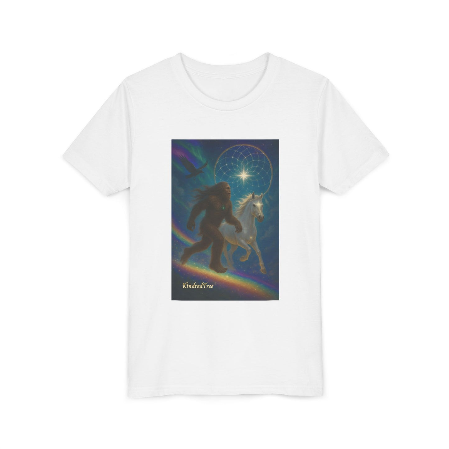 Sasquatch and White Horse  Youth Tee | Mystical Rainbow Night, Non- Mythic Guardian Shirt