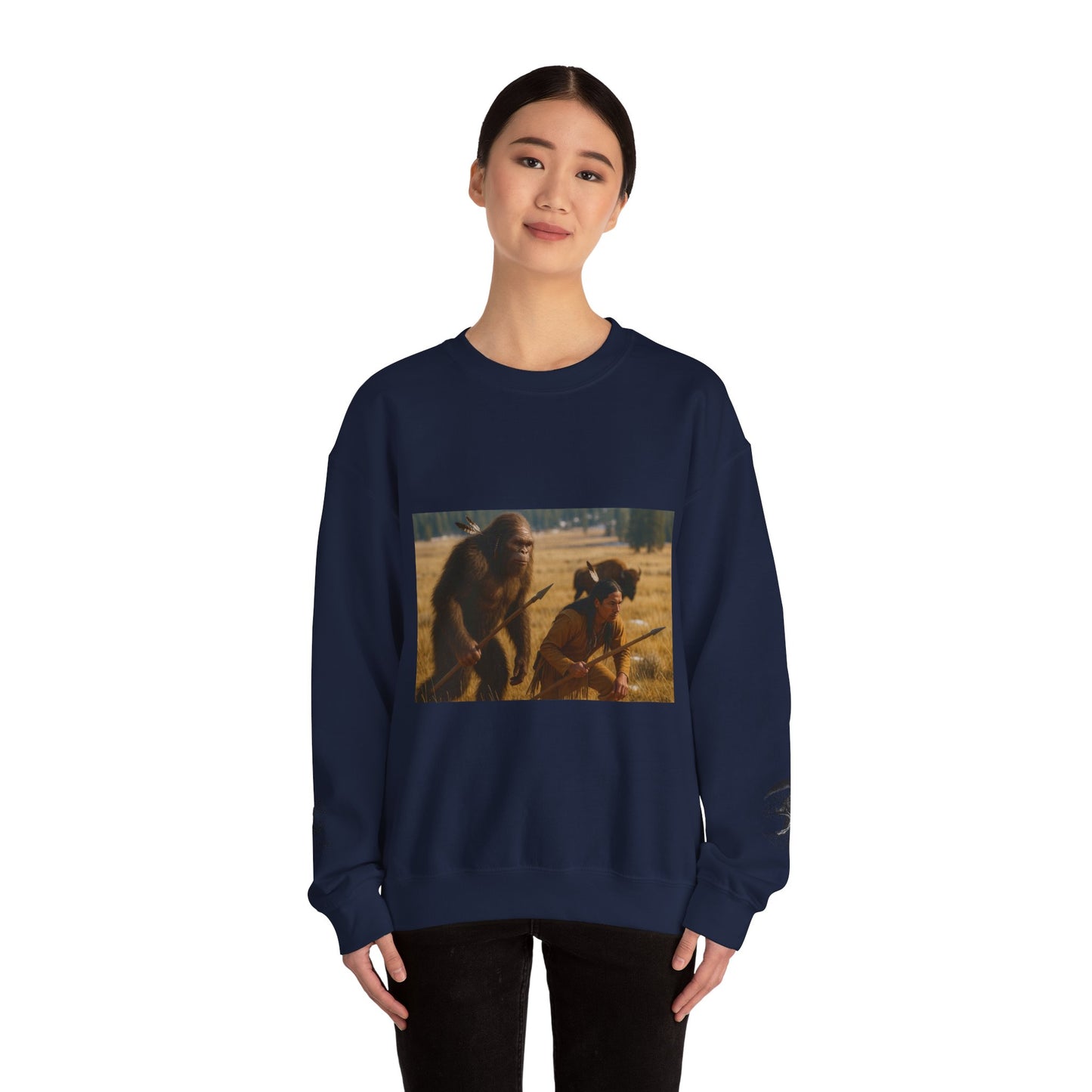 Sasquatch & Native Spear Hunting Bison Sweatshirt