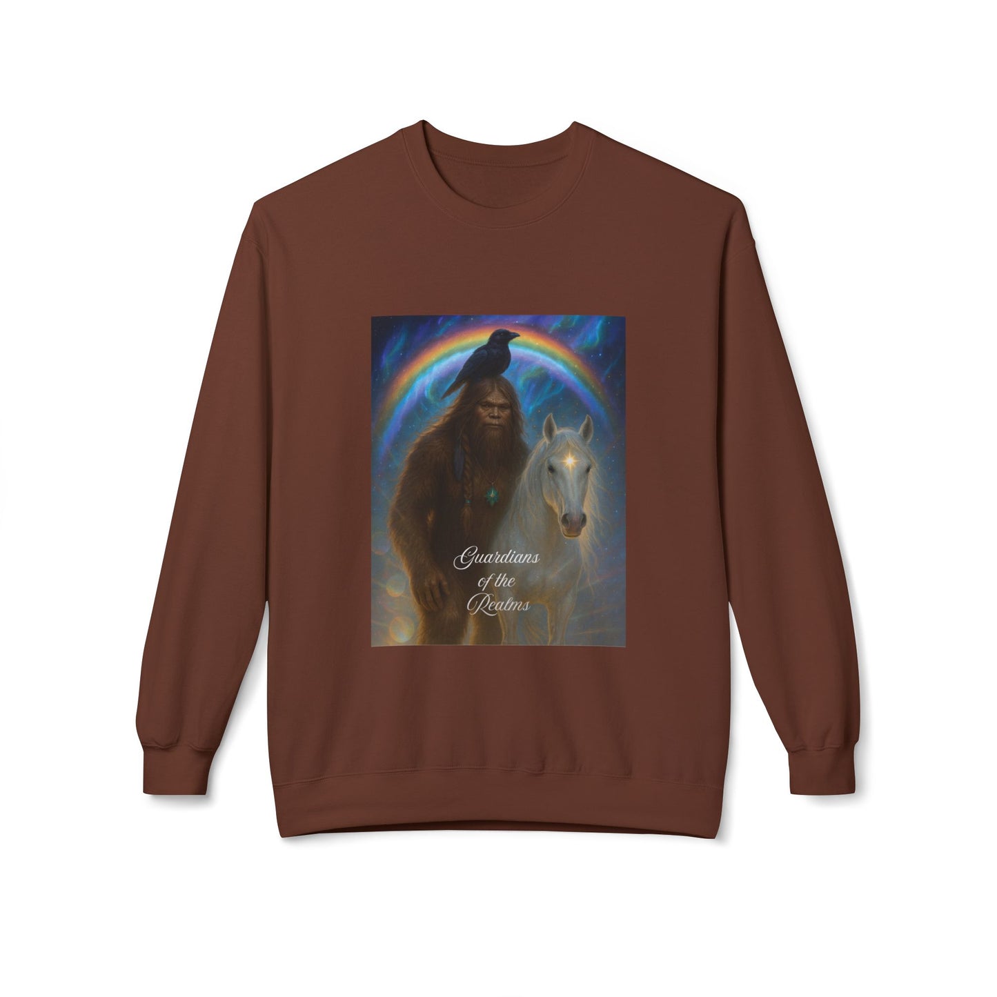 Sasquatch Guardian & White Horse Crewneck — Mystical Aurora Protector Sweatshirt