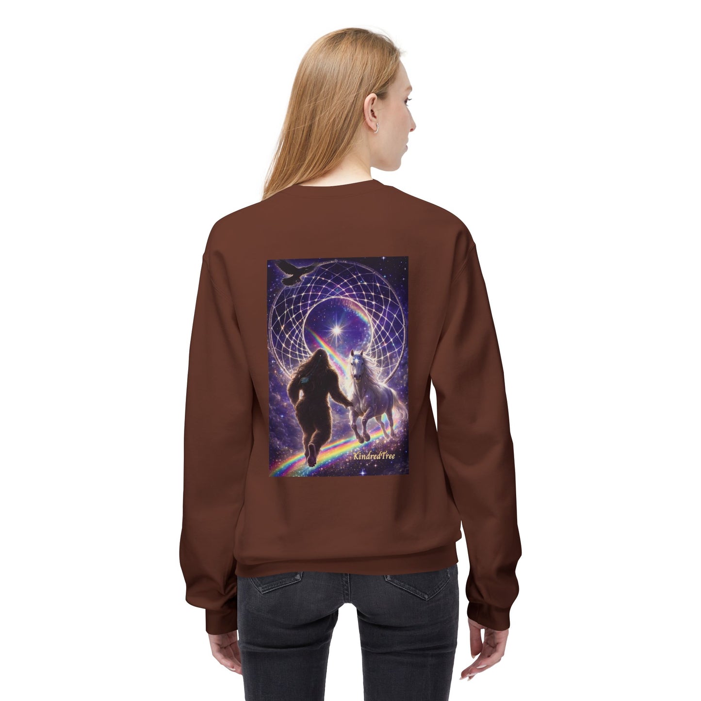 Sasquatch Guardian & White Horse Crewneck — Mystical Aurora Protector Sweatshirt