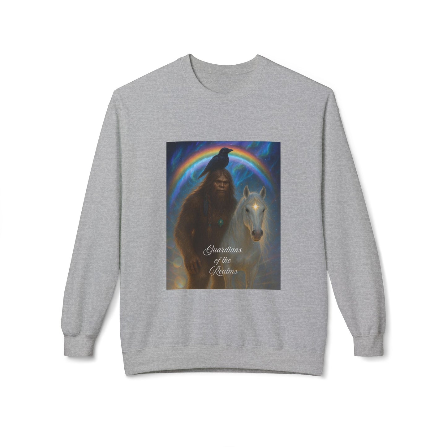 Sasquatch Guardian & White Horse Crewneck — Mystical Aurora Protector Sweatshirt