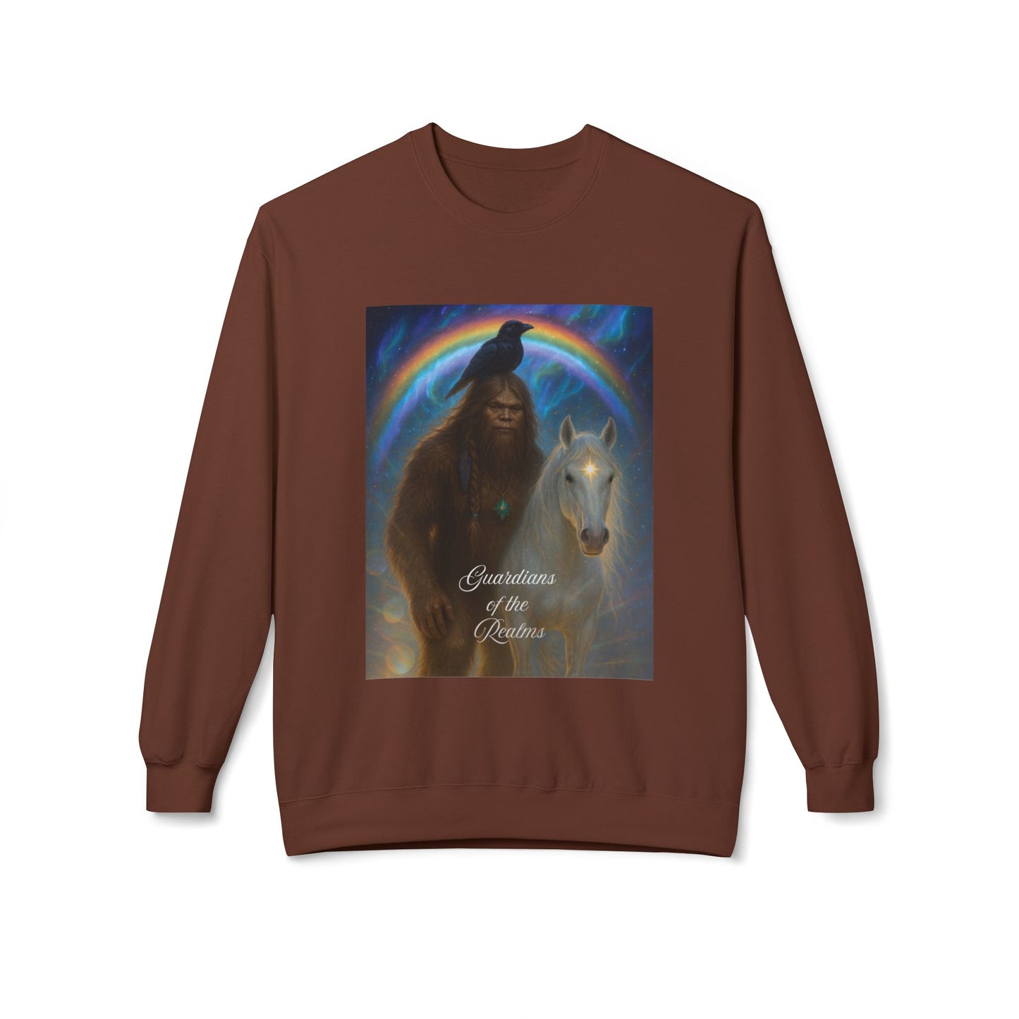 Sasquatch & White Horse with Raven  Crewneck Sweatshirt — Mystical 'Guidelines of the Heart' Graphic