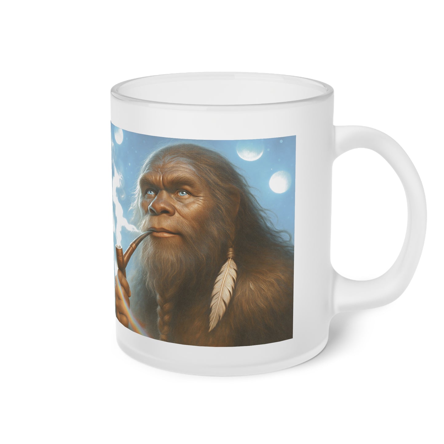 Frosted Glass Mug — Retro Sasquatch with Peace Pipe & KindredTree Emblem Design
