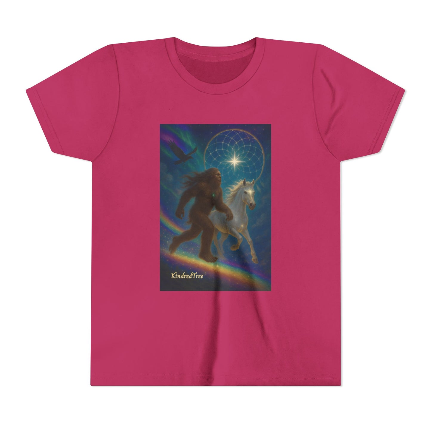 Sasquatch and White Horse  Youth Tee | Mystical Rainbow Night, Non- Mythic Guardian Shirt