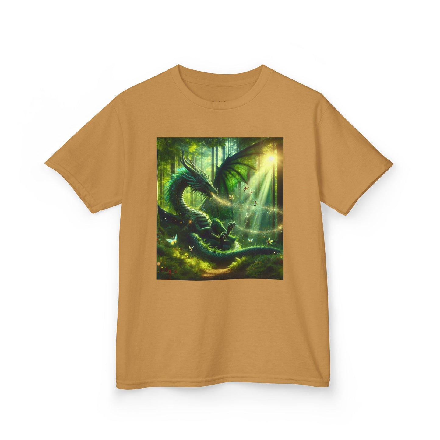 Kids T-Shirt Green Forest Dragon Sunlight and Fairy Lights Design
