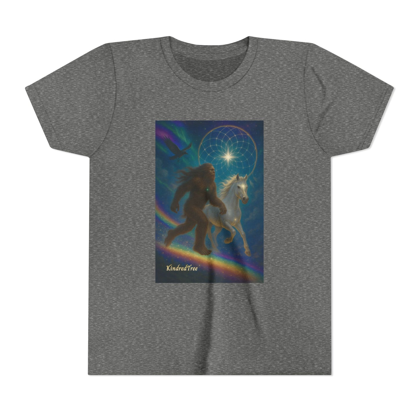 Sasquatch and White Horse  Youth Tee | Mystical Rainbow Night, Non- Mythic Guardian Shirt