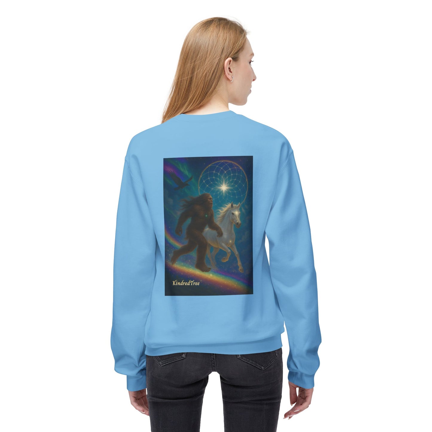 Sasquatch & White Horse with Raven  Crewneck Sweatshirt — Mystical 'Guidelines of the Heart' Graphic