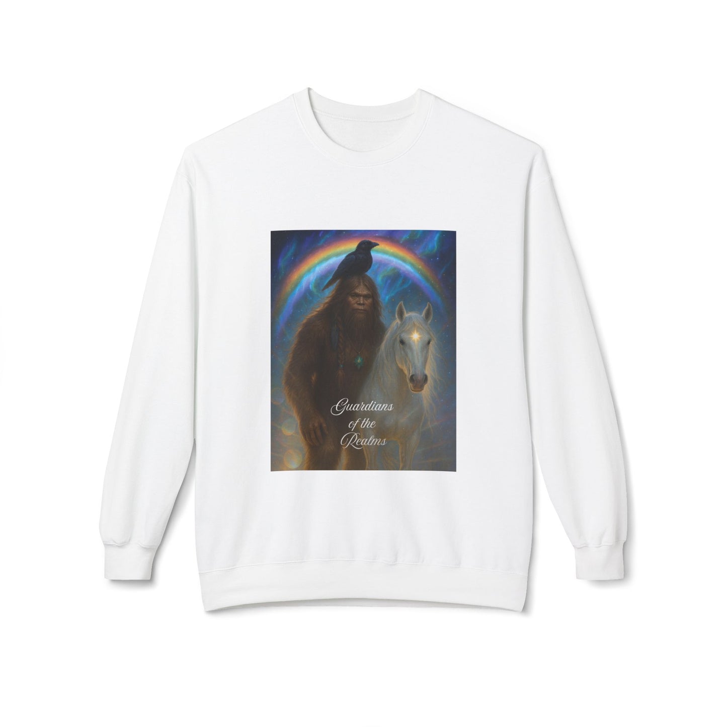 Sasquatch Guardian & White Horse Crewneck — Mystical Aurora Protector Sweatshirt