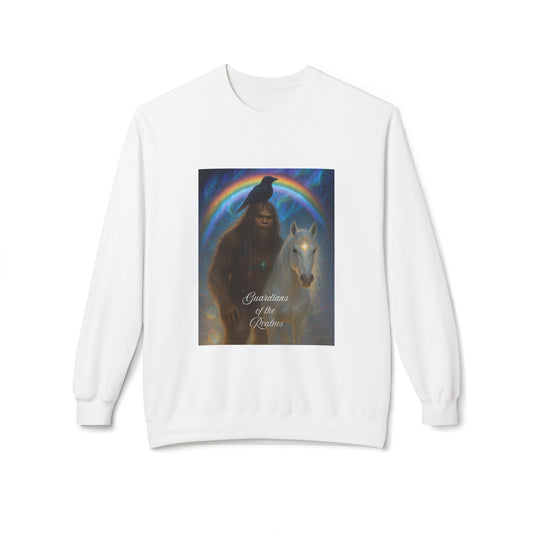 Sasquatch Guardian & White Horse Crewneck — Mystical Aurora Protector Sweatshirt