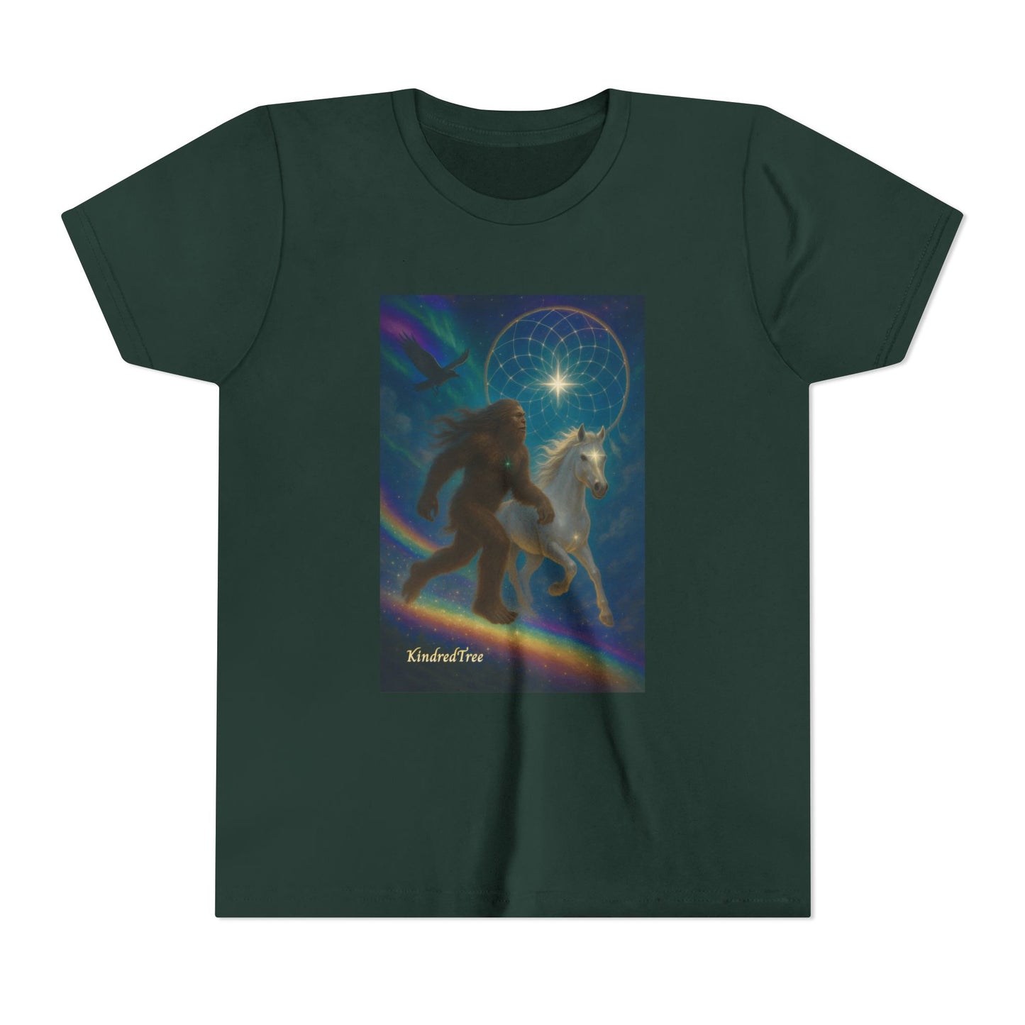 Sasquatch and White Horse  Youth Tee | Mystical Rainbow Night, Non- Mythic Guardian Shirt
