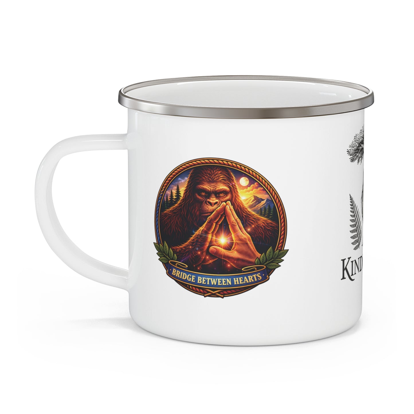 Enamel Mug — 'Bridge Between Hearts' Sasquatch Camping Coffee Cup