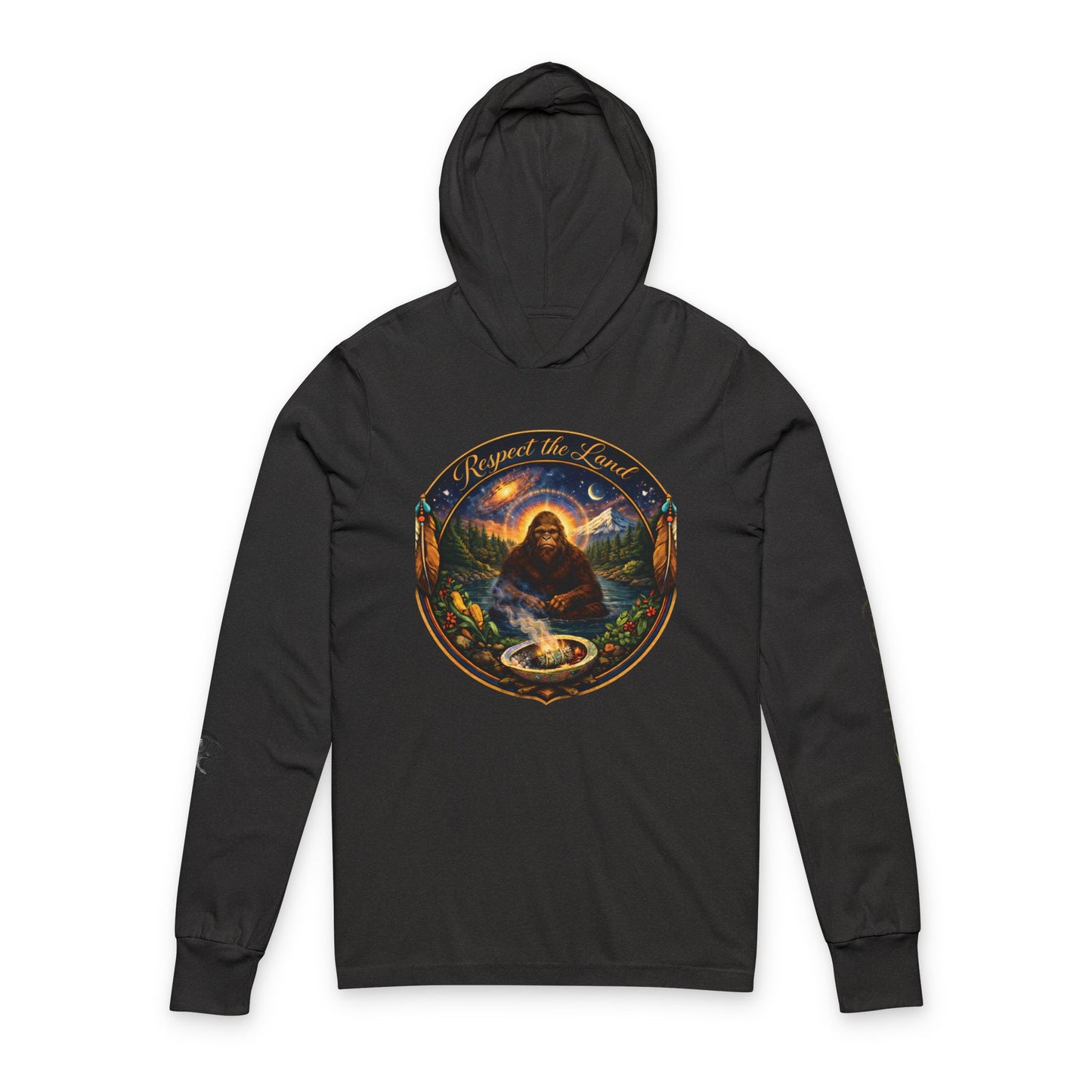 Respect the Land, Sacred Sasquatch Guardian Emblem Hooded Long Sleeve Tee