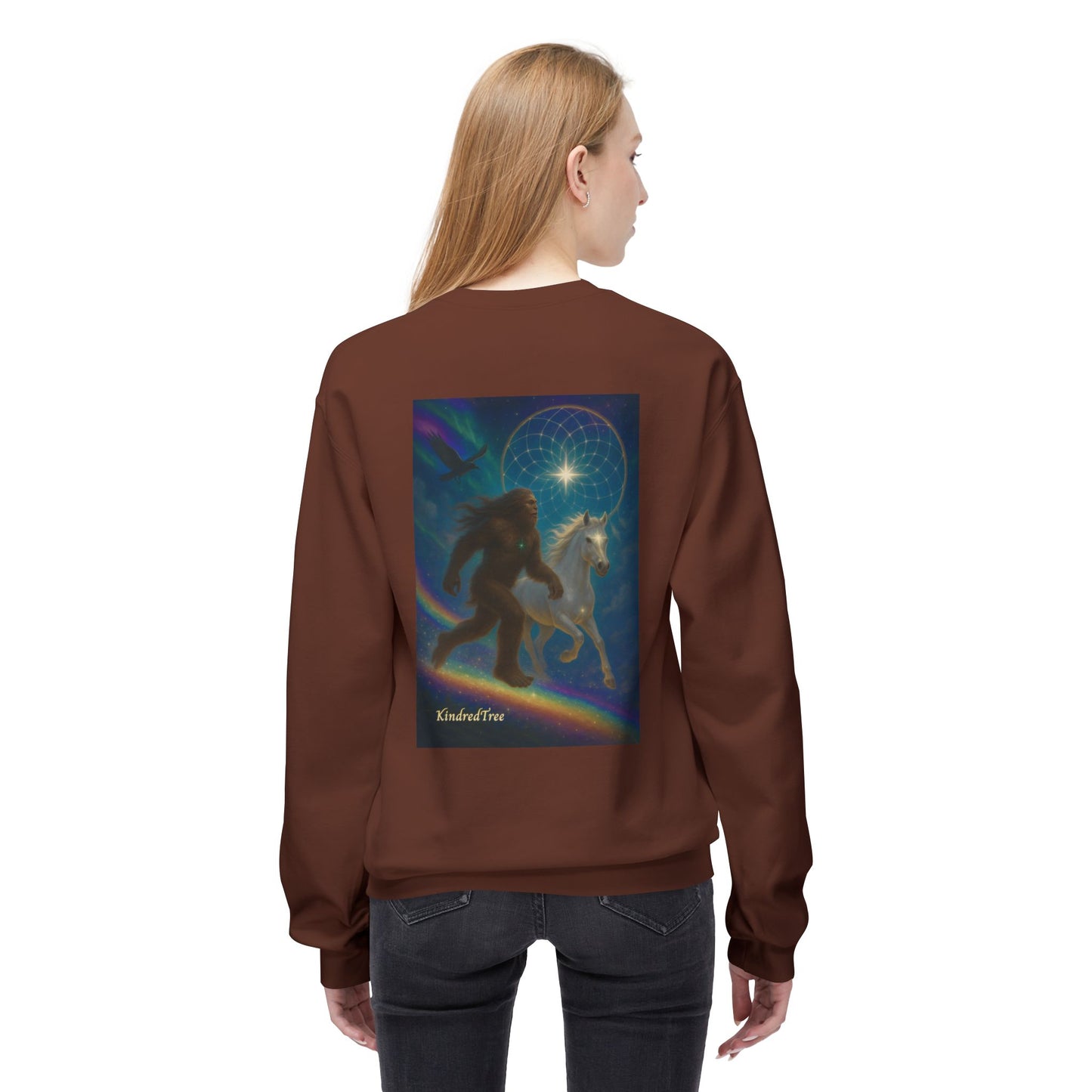 Sasquatch & White Horse with Raven  Crewneck Sweatshirt — Mystical 'Guidelines of the Heart' Graphic