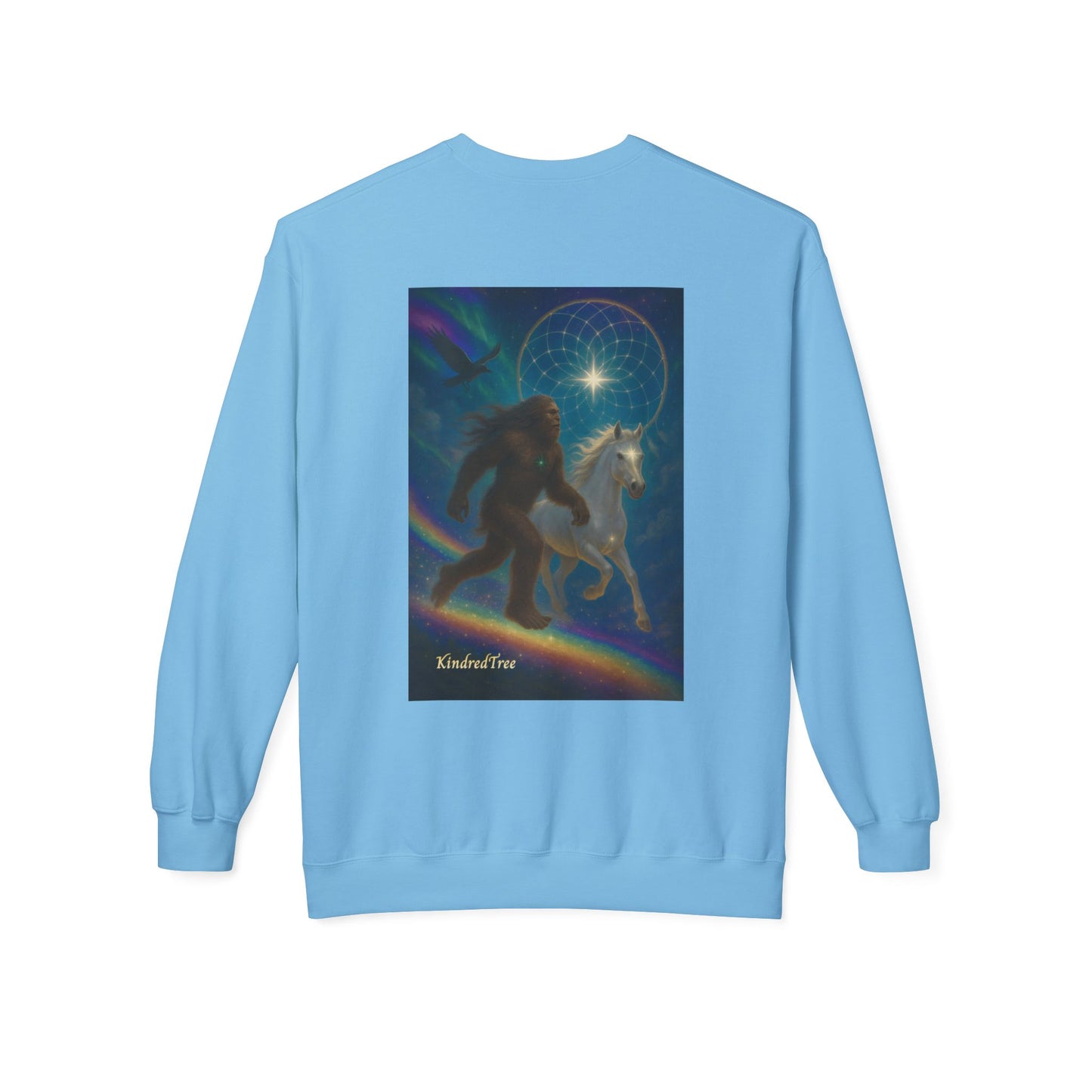 Sasquatch & White Horse with Raven  Crewneck Sweatshirt — Mystical 'Guidelines of the Heart' Graphic