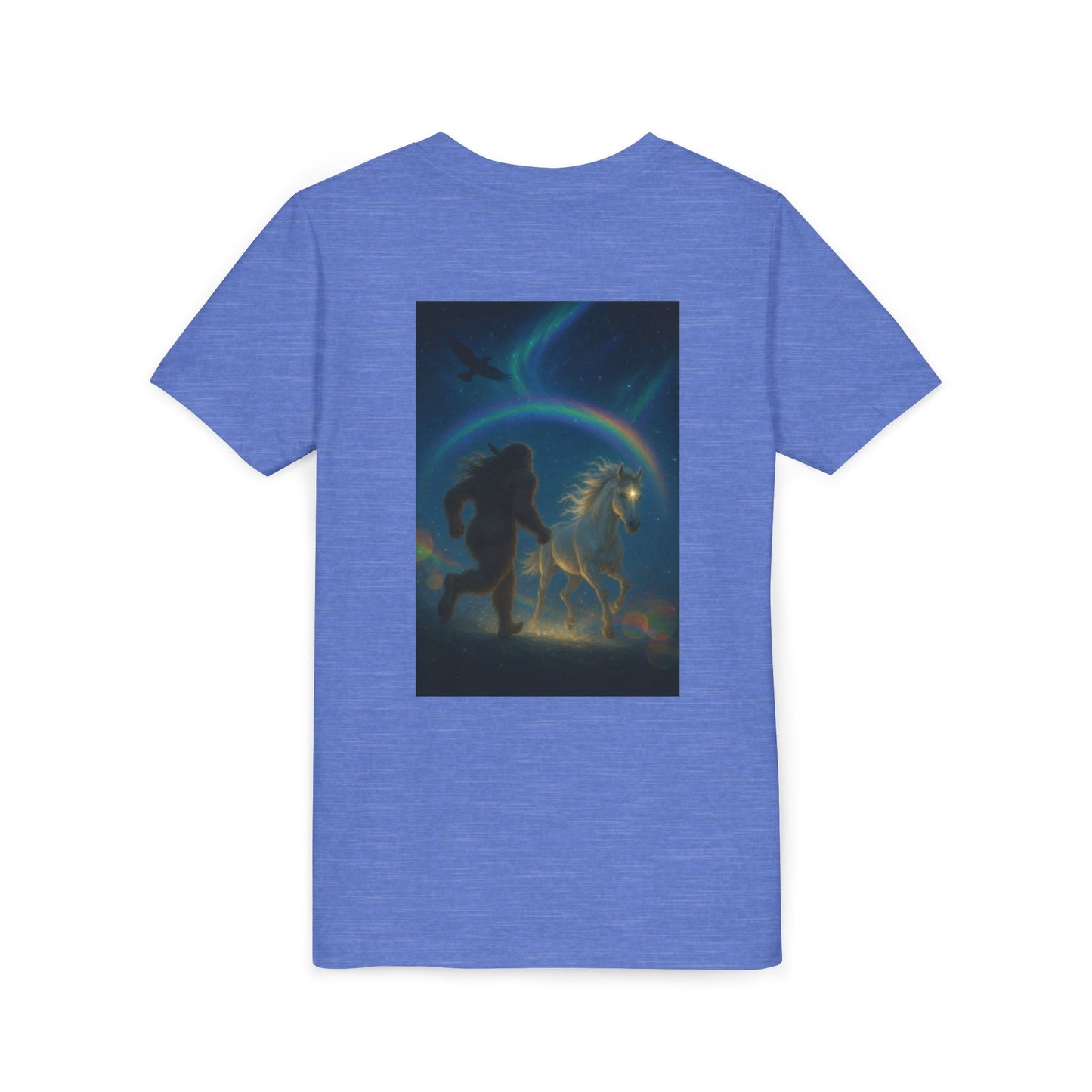 Sasquatch and White Horse  Youth Tee | Mystical Rainbow Night, Non- Mythic Guardian Shirt