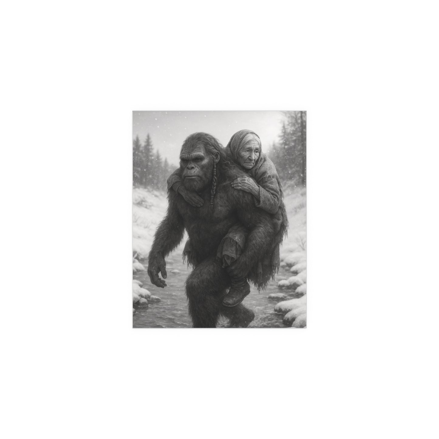 Silk Poster - Sasquatch Carrying Elderly Native Woman Across Winter Icy River Black and White